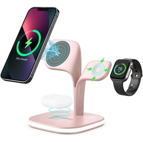 5-in-1 Magnetic Wireless Charging Stand with LED Bedside Lamp and QC Adapter. Compatible with iPhone/Apple Watch/Airpods(Pink)