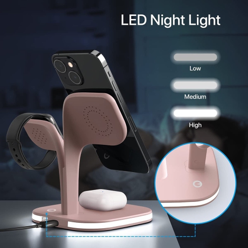 5-in-1 Magnetic Wireless Charging Stand with LED Bedside Lamp and QC Adapter. Compatible with iPhone/Apple Watch/Airpods(Pink)