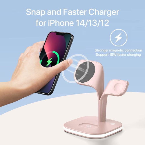 5-in-1 Magnetic Wireless Charging Stand with LED Bedside Lamp and QC Adapter. Compatible with iPhone/Apple Watch/Airpods(Pink)