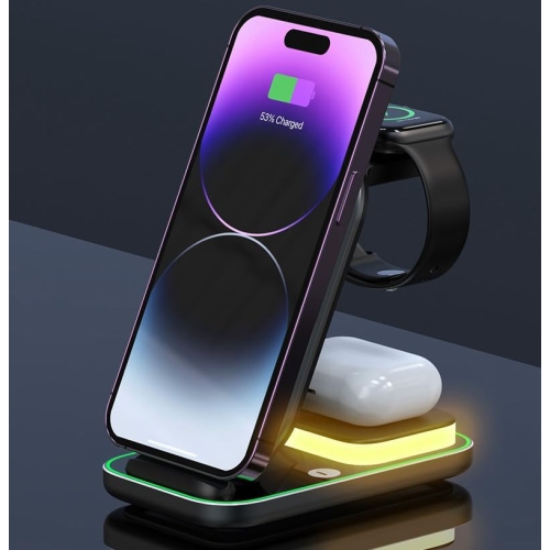 MagSafe-Compatible Wireless Charging Station: 3 in 1 Charger Stand Compatible with Apple iPhone, Apple Watch and AirPods