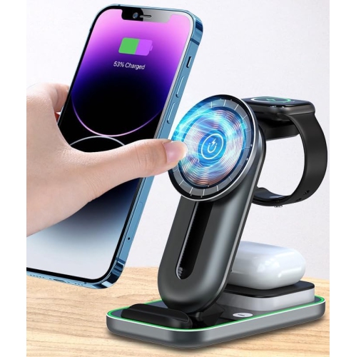 MagSafe-Compatible Wireless Charging Station: 3 in 1 Charger Stand Compatible with Apple iPhone, Apple Watch and AirPods