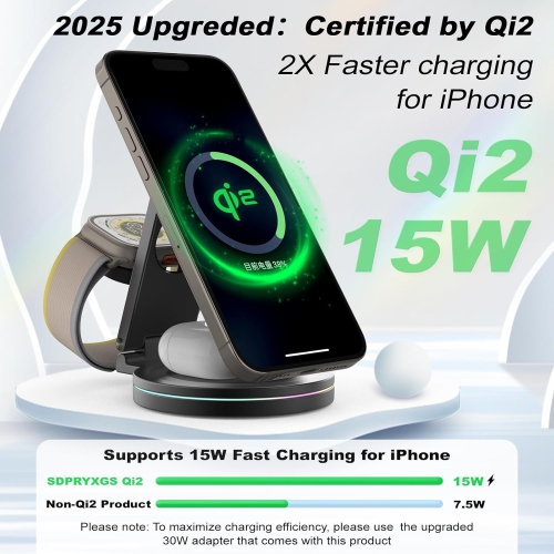 Upgraded Qi2 Foldable Rotatable Zinc Alloy 3 in 1 Magnetic Wireless Charging Station, Compatible with Apple iPhone 12~16,Smartwatch,AirPods