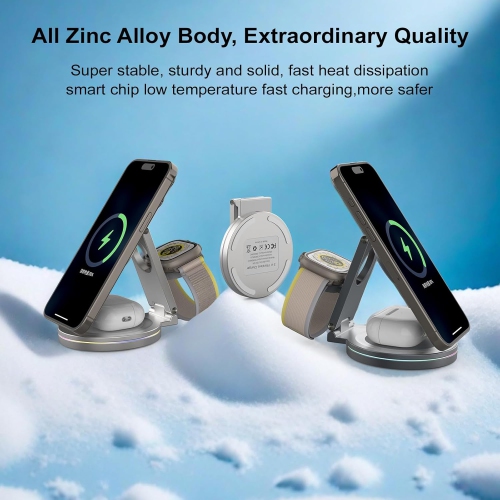 Upgraded Qi2 Foldable Rotatable Zinc Alloy 3 in 1 Magnetic Wireless Charging Station, Compatible with Apple iPhone 12~16,Smartwatch,AirPods