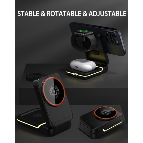 3 in1 magnetic Wireless Charging Station for iPhone 16 15 14 13 12 Pro/Max,Apple Watch 8, AirPods 3/2 Foldable Phone charge Hold