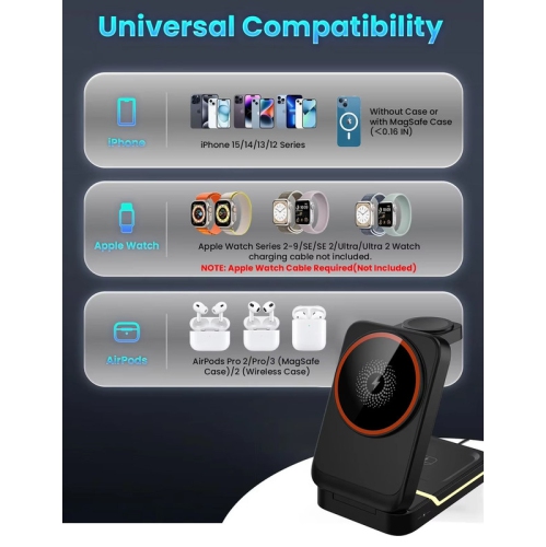 3 in1 magnetic Wireless Charging Station for iPhone 16 15 14 13 12 Pro/Max,Apple Watch 8, AirPods 3/2 Foldable Phone charge Hold