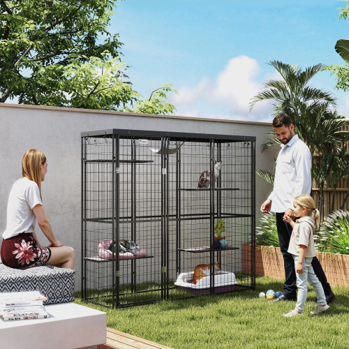 PawHut Catio Outdoor Cat Enclosure, Weld Wire Outdoor Cat House with Waterproof Cover, 4 Jumping Platforms, Hammock, Cat Cage Indoor for 1-3 Kittens,