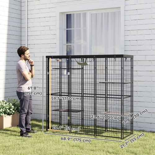 PawHut Catio Outdoor Cat Enclosure, Weld Wire Outdoor Cat House with Waterproof Cover, 4 Jumping Platforms, Hammock, Cat Cage Indoor for 1-3 Kittens,
