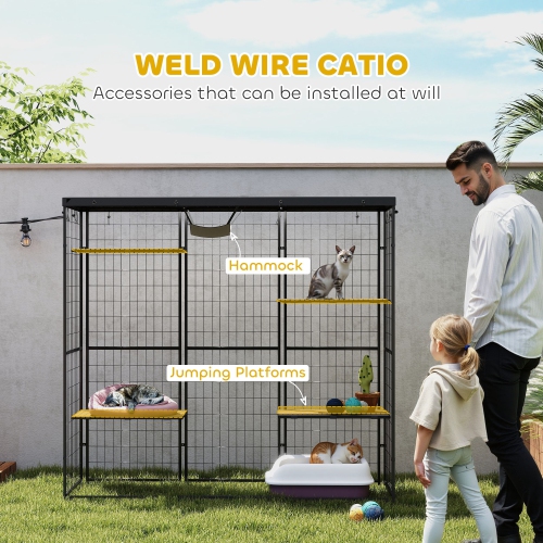 PawHut Catio Outdoor Cat Enclosure, Weld Wire Outdoor Cat House with Waterproof Cover, 4 Jumping Platforms, Hammock, Cat Cage Indoor for 1-3 Kittens,