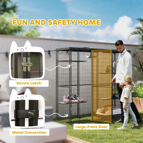 PawHut Catio Outdoor Cat Enclosure, Weld Wire Outdoor Cat House with Waterproof Cover, 4 Jumping Platforms, Hammock, Cat Cage Indoor for 1-3 Kittens,