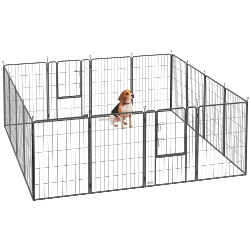 PAWHUT  16 Panels Dog Playpen, 27" W X 31.5" H Portable Heavy Duty Pet Fence \w Door & Strap for Indoor Outdoor Backyard Garden, Foldable Puppy Pet