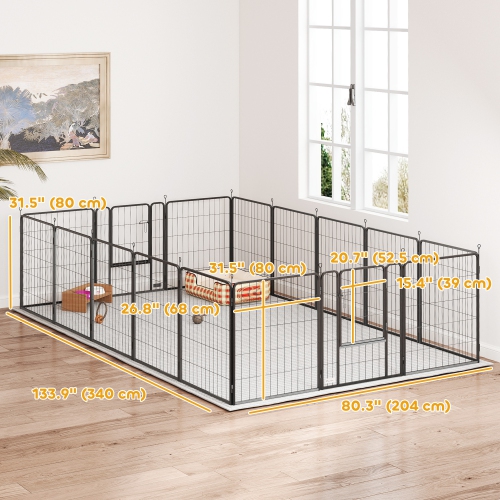 PawHut 16 Panels Dog Playpen, 27" W x 31.5" H Portable Heavy Duty Pet Fence with Door & Strap for Indoor Outdoor Backyard Garden, Foldable Puppy Pet