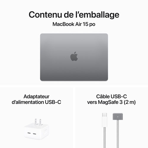 Refurbished - Apple MacBook Air 15.3" w/ Touch ID (Fall 2024) - Space Grey (Apple M3 / 16GB RAM / 256GB SSD) - French