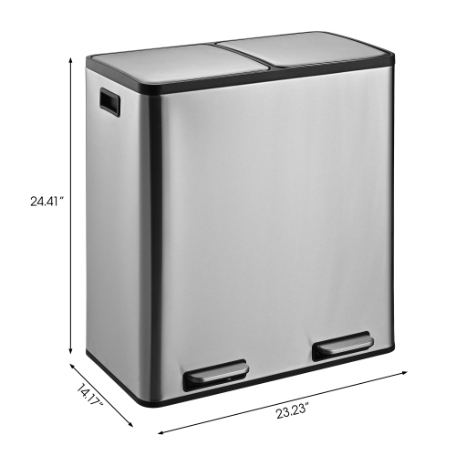 60L Stainless steel 2 compartments garbage and recycling bins with soft-close lids, satin finish and fingerprint proof