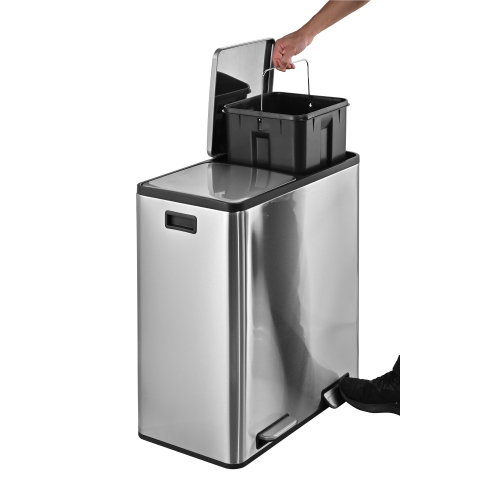 60L Stainless steel 2 compartments garbage and recycling bins with soft-close lids, satin finish and fingerprint proof