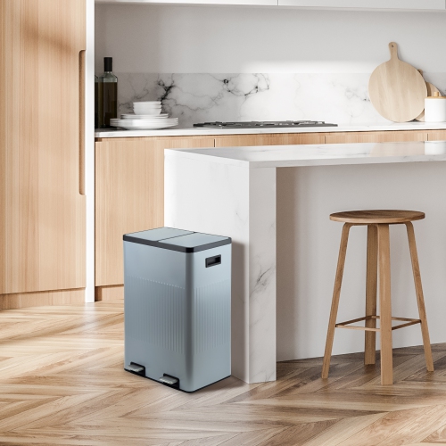 60L Powder coating 2 compartments garbage and recycling bins with elegant linear embossment, soft-close lids and soft pedal.