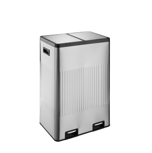 60L Stainless steel 2 compartments garbage and recycling bins with elegant linear embossment, soft-close lids and soft pedal.
