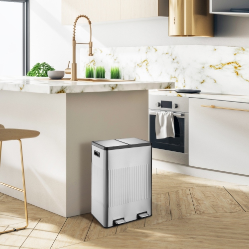 60L Stainless steel 2 compartments garbage and recycling bins with elegant linear embossment, soft-close lids and soft pedal.
