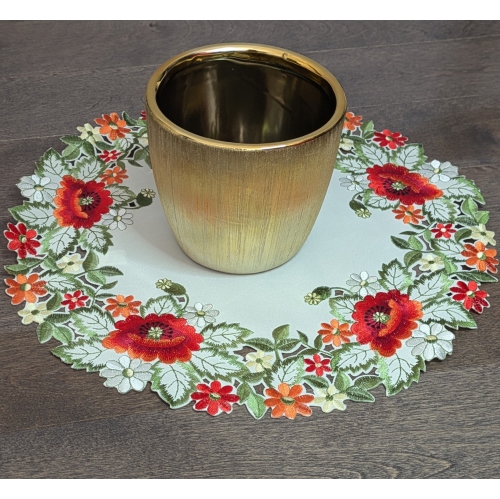 Napperon rond à motif de coquelicot brodé, décoration de table en lin de 15 po de diamètre, résistance à l'eau, lavable à la machine