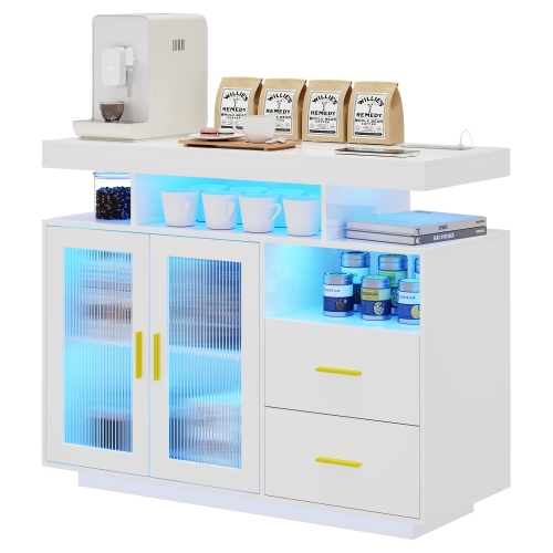 Vlsrka – Armoire de bar à café RVB avec station de chargement et lampe LED, armoire de buffet avec rangement pour étagère de cuisine/armoire de range