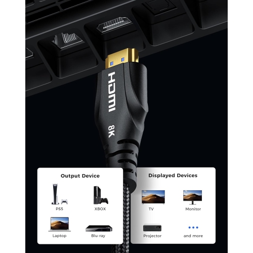 NIERBO 2.1 HDMI Cable 15 Feet - 8K Ultra High Speed HDMI Cable/48Gbps/8K 60hz/4K 120hz/Braided/eARC for HDTV, PS5, PS4, Xbox, Blu-ray
