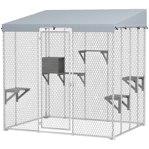 Image 1 of 9.. PawHut Catio Outdoor Cat Enclosure Large, 79" L Galvanized Steel Outdoor Cat House with 420D Waterproof Canopy, Multiple Platforms, Resting Condo,