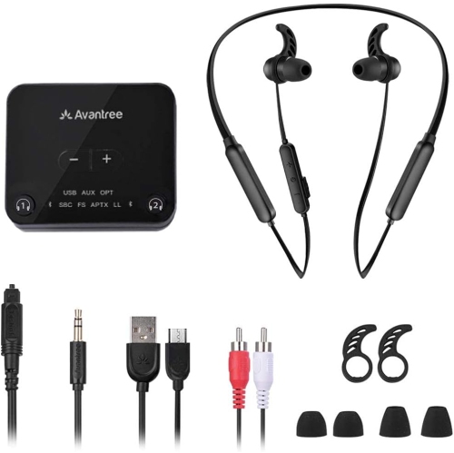 Avantree HT4186-Q - [2025 Upgrade] Wireless Headphones for TV Watching, Neckband Earbuds Set with aptX Adaptive Supporting Wireless Transmitter