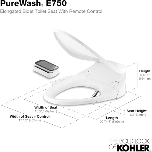 KOHLER K-4108-0 C3 230 Electric Bidet Seat, White with Touchscreen Remote Control, Quiet-Close Lid and Toilet Seat