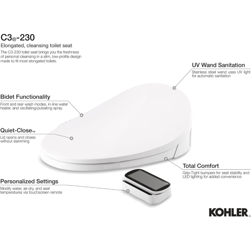 KOHLER K-4108-0 C3 230 Electric Bidet Seat, White with Touchscreen Remote Control, Quiet-Close Lid and Toilet Seat