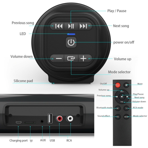 Bluetooth 5.0 Sound Bar Wireless TV Soundbar Portable Audio Home Speaker Subwoofer for Smart TV-Black