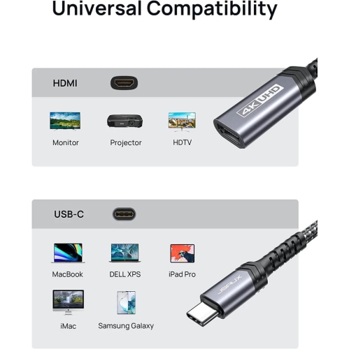 Adaptateur USB-C à HDMI Câble 60&nbsp;Hz 4K, Adaptateur USB-C à HDMI Convertisseur USB-C Thunderbolt 4 pour MacBook Pro/Air M1, iPad Pro/Air,