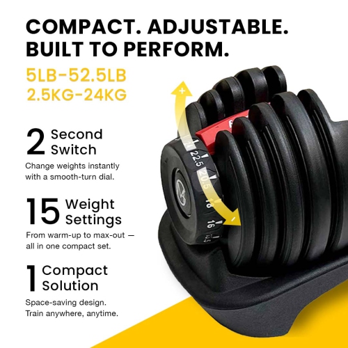 MotionGrey Adjustable Dumbbells 5-52.5LB – 3-in-1 Dumbbell, Barbell & Kettlebell with 15 Adjustable Weights & High-Strength Grip