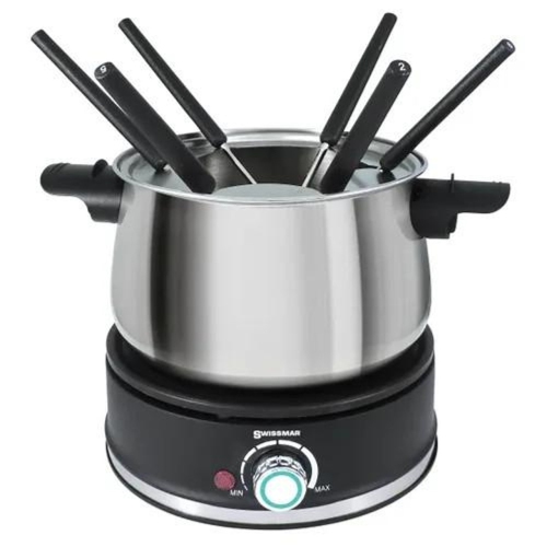 Swissmar Arolla 10-Piece Electric Stainless Steel Fondue Set, Silver & Black