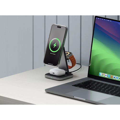 Support de chargement sans fil repliable 3-en-1 Qi2 de 15 W de Satechi - Gris spatial