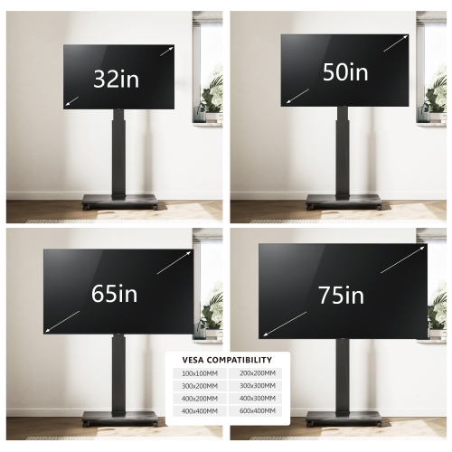 FITUEYES TV Stand with Wheels for 32 to 75 Inch TVs, Landscape to Portrait Rotating and 40 Degrees Swivel Mount, Height Adjustable, Hold Up to 88 Lbs