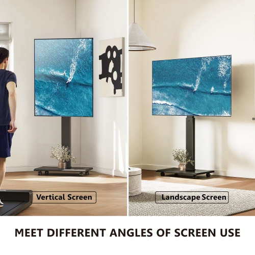 FITUEYES TV Stand with Wheels for 32 to 75 Inch TVs, Landscape to Portrait Rotating and 40 Degrees Swivel Mount, Height Adjustable, Hold Up to 88 Lbs