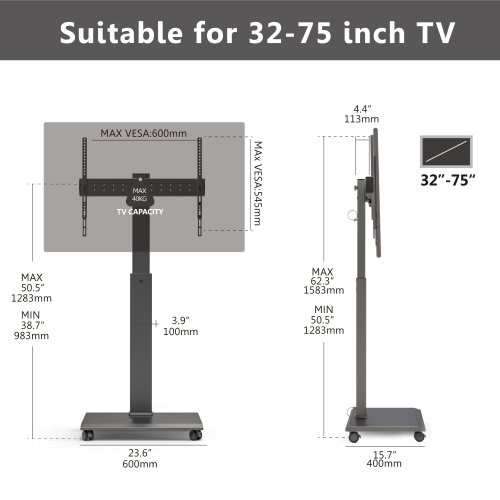 FITUEYES TV Stand with Wheels for 32 to 75 Inch TVs, Landscape to Portrait Rotating and 40 Degrees Swivel Mount, Height Adjustable, Hold Up to 88 Lbs