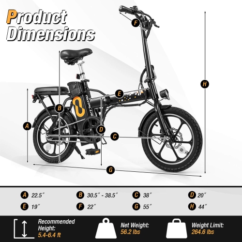 Costway 16" Folding Electric Bicycle for Adults & Teens E-Bike w/ 500W Brushless Motor, 42V 10.4Ah Removable Battery, Max. 32KM/H 37 Miles, Dual Disk