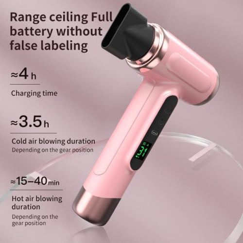 Sèche-cheveux sans fil, sèche-cheveux rechargeable, 3 sèche-cheveux à vent froid réglable, outil de coiffure portatif pour le camping de voyage - Rose