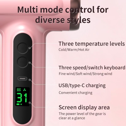 Sèche-cheveux sans fil, sèche-cheveux rechargeable, 3 sèche-cheveux à vent froid réglable, outil de coiffure portatif pour le camping de voyage - Rose