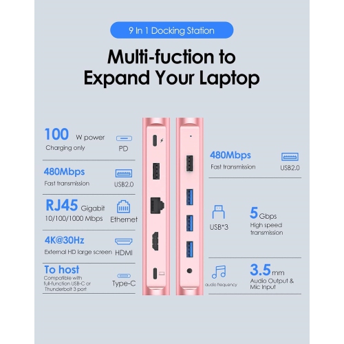 USB C Docking Station 100W PD, 4K HDMI, Gigabit Ethernet Dock, USB 3.0/2.0 & Aux Hub 2022-2016 MacBook Pro, Mac Air/Surface, Steam Deck(CB-D53, Rose