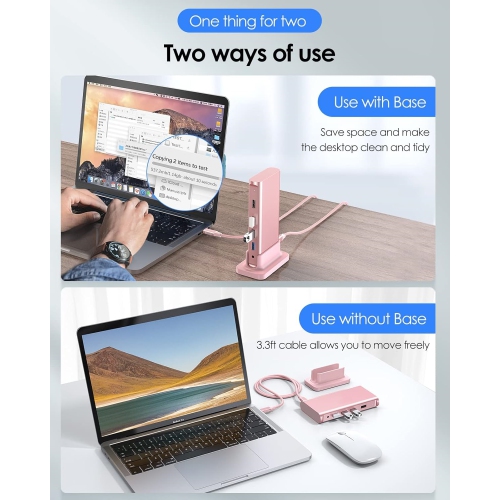 USB C Docking Station 100W PD, 4K HDMI, Gigabit Ethernet Dock, USB 3.0/2.0 & Aux Hub 2022-2016 MacBook Pro, Mac Air/Surface, Steam Deck(CB-D53, Rose
