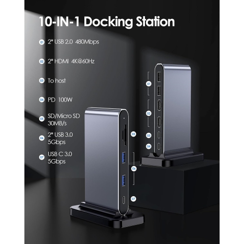 10-in-1 USB-C Docking Station with Dual HDMI Monitor Adapter, 4K@60Hz, PD 100W, USB C Data Port, USB 3.0/2.0, SD/TF Card Reader, 3.3FT Cable for Mac