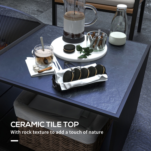 Outsunny Fire Pit Coffee Table with Ceramic Tile Top and Storage Shelf, Wood-burning Firepit with Spark Screen and Poker, Black