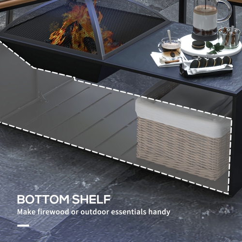 Outsunny Fire Pit Coffee Table with Ceramic Tile Top and Storage Shelf, Wood-burning Firepit with Spark Screen and Poker, Black