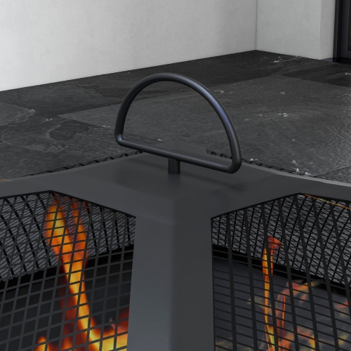 Outsunny Fire Pit Coffee Table with Ceramic Tile Top and Storage Shelf, Wood-burning Firepit with Spark Screen and Poker, Black