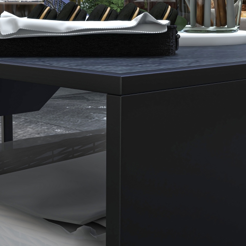 Outsunny Fire Pit Coffee Table with Ceramic Tile Top and Storage Shelf, Wood-burning Firepit with Spark Screen and Poker, Black