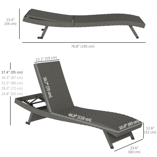 Outsunny PE Rattan Patio Lounger, Foldable Outdoor Lounge Chair with 5-Level Adjustable Backrest, Two Wheels, and Quick-Drying Foam, for Sun Room,