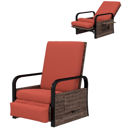 Outsunny Outdoor Recliner Chair, Reclining Outdoor Lounge Chair with Adjustable Backrest and Footrest, Wicker Chair with Flip Side Table, Aluminum