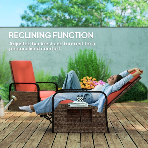 Outsunny Outdoor Recliner Chair, Reclining Outdoor Lounge Chair with Adjustable Backrest and Footrest, Wicker Chair with Flip Side Table, Aluminum