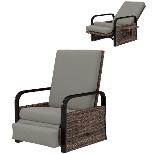 Image 1 de 9.. Outsunny Outdoor Recliner Chair, Reclining Outdoor Lounge Chair with Adjustable Backrest and Footrest, Wicker Chair with Flip Side Table, Aluminum